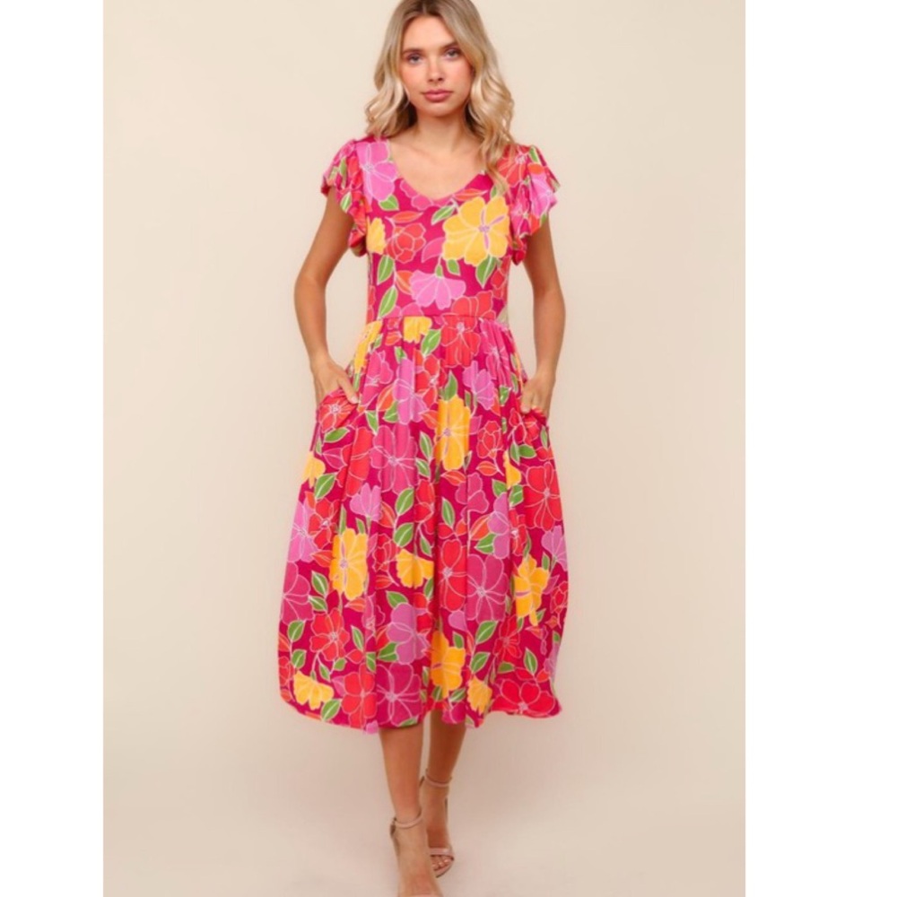 Fuchsia/Yellow Floral Midi Dress with Folded Ruffle & Pockets - Picture 8 of 10